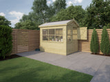A wooden Rutland Potting Shed with a onduline roof, situated in a garden setting with a clear blue sky above.
Pressure treated 15mm Shiplap cladding, Pressure treated t&g Floor, Stable door with antique black Mortice lock and handle, Large window, Side lights each with top opening vent. Toughened safety glass.