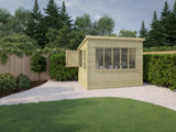 Bespoke Sunstore Pent potting shed, Pressure treated shiplap, Pressure treated Floor, Heavy duty felt, Stable door, Large window and two side lights with top opening vent, Toughen safety glass, Supplied with integral staging bench, Free delivery and installation.