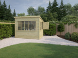 A right model Sunstore Potting Shed with a pent roof, made of pressure-treated timber, featuring a premium stable door, toughened glass, and a polyester roofing felt slatted bench, set in an outdoor garden setting.