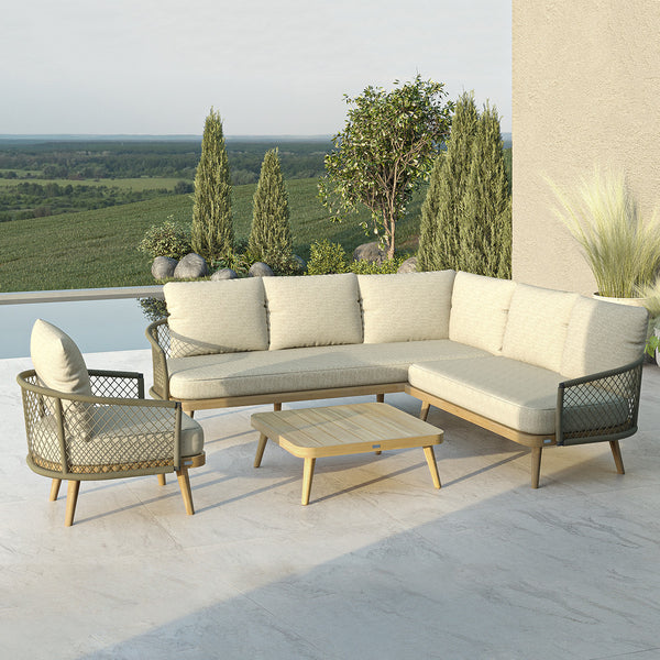 Bali Rope Weave Corner Sofa Set with Lounge Chair in Sandstone