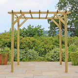 Wooden pergola with greenery in the background