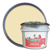 A white plastic paint bucket with a metal clasp lid, labeled 'THOROWDOWN WOOD PAINT', shown in front of an open round can of the same paint color on a white background.