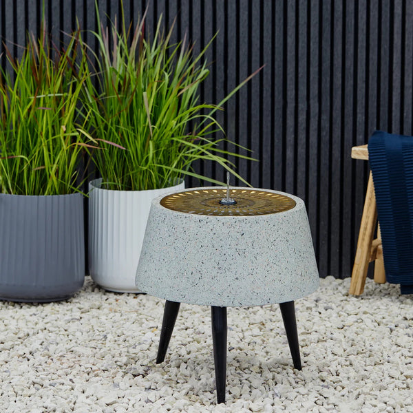 Solis Water Feature on Black Legs with Light Display in Terrazzo and Brass