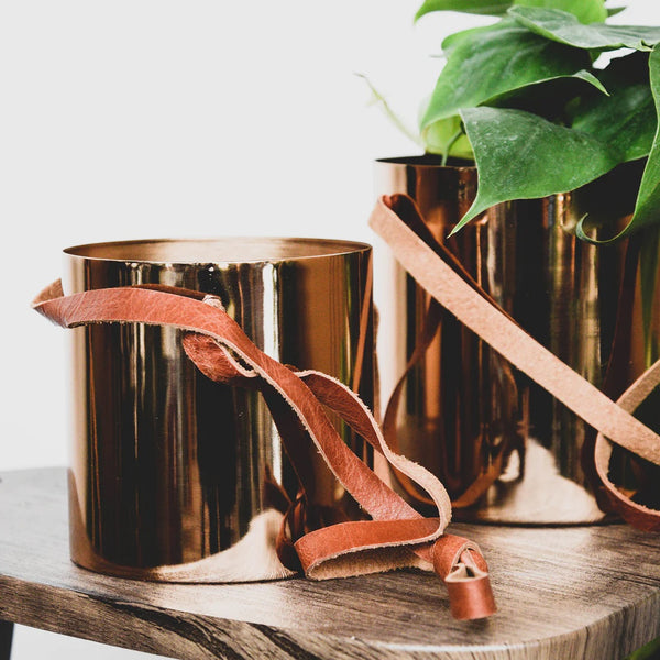 Copper Hanging Planter with Leather Strap
