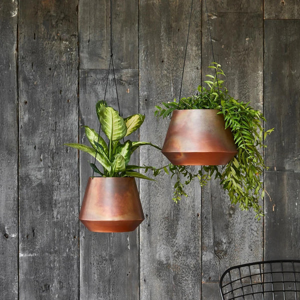 Indoor Soho Aged Copper Hanging Planter with Leather Strap Small