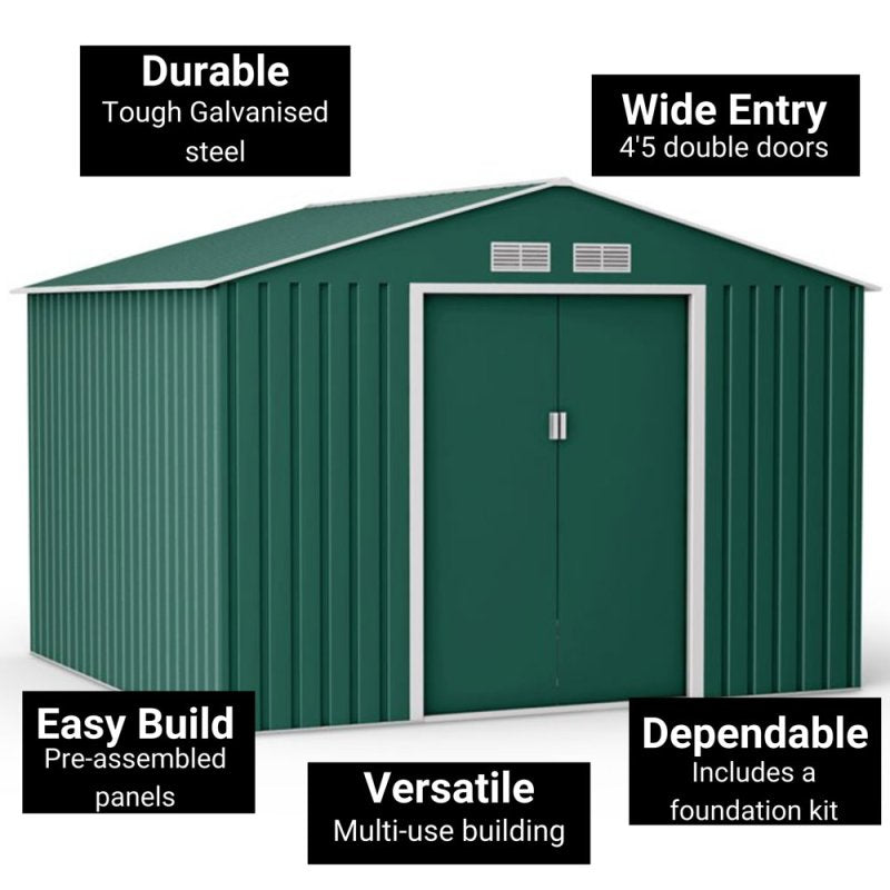9ft x 8ft Lotus Orion Apex Metal Shed With Foundation Kit in Dark Green