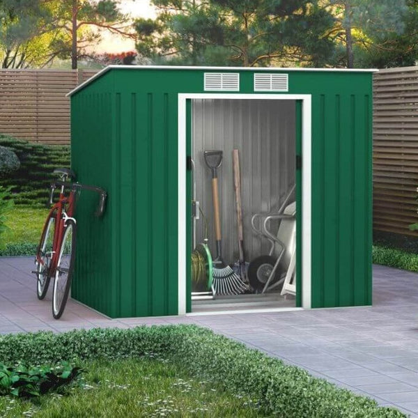 7ft x 4ft Lotus Hestia Pent Metal Shed Including Foundation Kit in Dark Green