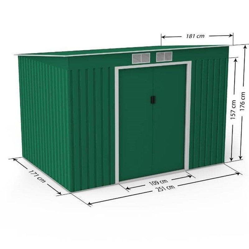 9ft x 6ft Lotus Hestia Pent Metal Shed Including Foundation Kit in Dark Green
