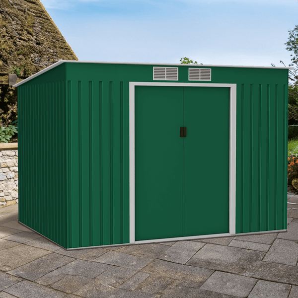 9ft x 6ft Lotus Hestia Pent Metal Shed Including Foundation Kit in Dark Green