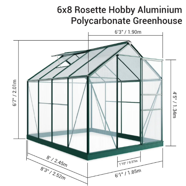 Rosette Hobby Aluminium Polycarbonate Greenhouse 6ft x 8ft