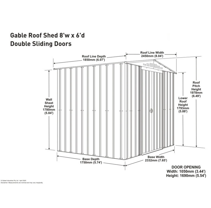 Globel 8ft x 6ft Apex Metal Garden Shed - Green