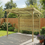 Garden Shelter.  Wooden gazebo with a roof in an outdoor setting. 