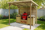 Wooden pergola with a barbecue grill and storage area in a backyard setting.
