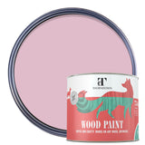 A can of Thorndown wood paint in front of an open round paint lid showing the color. The paint color is a dusty light pink.